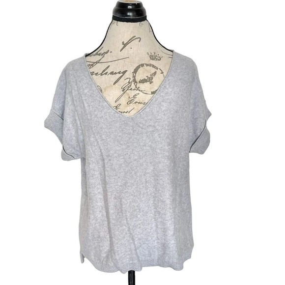 Dip Womens Sweater Top Size Medium Gray Short Sleeve Ribbed Roll Neckline Slit - Picture 6 of 12